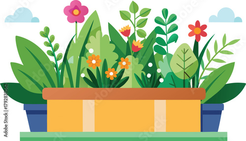 Vector icon of recycled container garden with flowers and herbs realistic style.