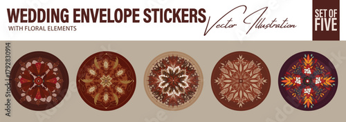 Vintage Wedding Envelope Stickers. Set of Five round envelope stickers and seals in floral ornaments. Can be used as favor labels, logo, sticker, seals, wedding monograms etc.