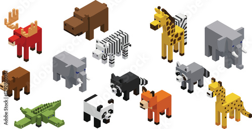 Large Voxel Isometric Wild Animal Vector Set: Pixel Art Collection of Blocky Creatures Including Giraffe, Elephant, Zebra, Moose, Panda, Bear, and Cheetah for Game Graphics.