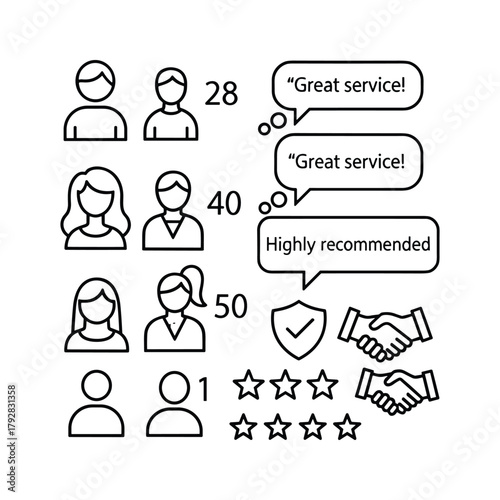 Customer feedback icon with people, stars, and speech bubbles