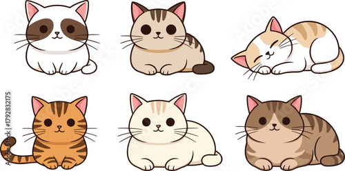 Adorable Chibi Cartoon Cats Vector Collection: Cute Kawaii Style Feline Animals in Various Poses and Fur Patterns, Perfect for Childish Designs.