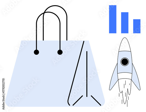 Shopping bag highlights retail, rocket symbolizes rapid growth, and bar chart suggests business analytics. Ideal for commerce, innovation, marketing, success, strategy trends progress. Simple flat