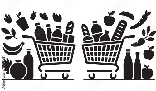 Black and white grocery cart silhouette filled with assorted food items