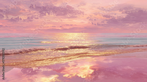 Romantic pink beach at sunset with glowing golden sea, soft sandy shore and serene waves isolated on white background