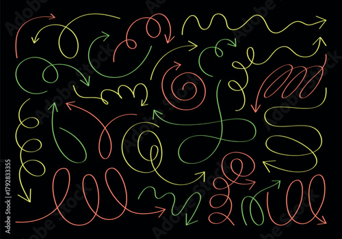 Large vector set of various arrows, wavy lines, symbols, squiggles. Flat geometric lines with multicolours neon thin outlines to indicate direction. Hand drawn graphic element for design, decoration.