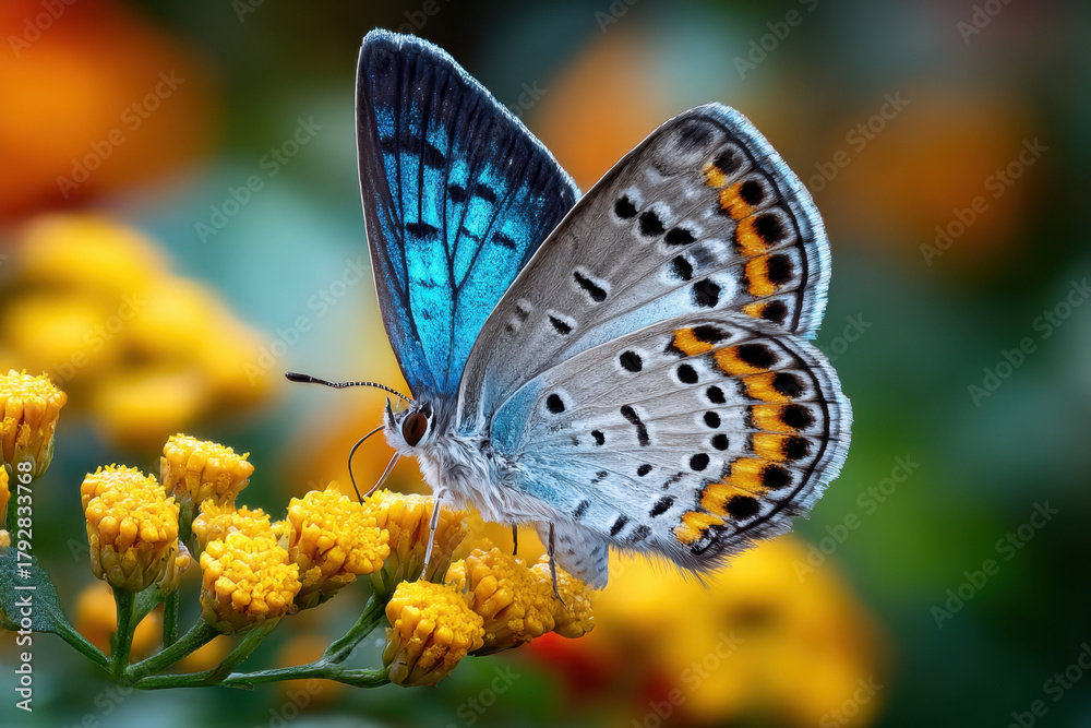 Obraz premium Butterfly with blue and grey wings on yellow flowers