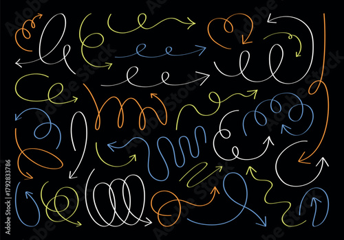 Large vector set of various arrows, wavy lines, symbols, squiggles. Flat geometric lines with multicolours neon thin outlines to indicate direction. Hand drawn graphic element for design, decoration.