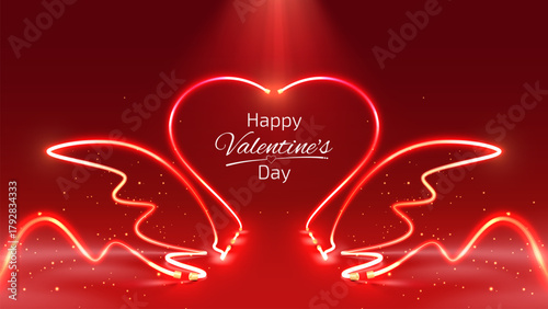 Stage scene with golden neon heart frame decorated with glowing wings and bokeh. Luxury red background. Perfect for Valentine's Day product promotion template.