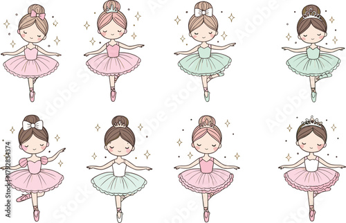 Cute Ballerina Vector Set: Adorable Cartoon Dancers with Tutus and Sparkles in Various Poses, Perfect for Childish Designs, Ballet, Dance, and Fairy Tale Themes.