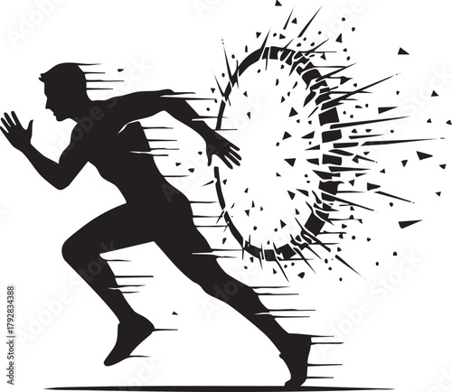 Dynamic Runner Breaking Through Barrier, Explosive Action Silhouette