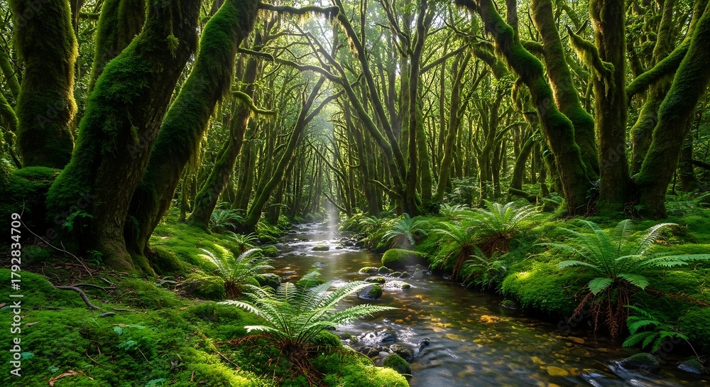 Fototapeta premium Lush green forest with winding stream and moss