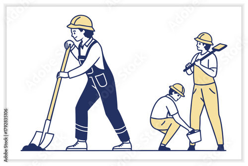 Building and Construction Industry Illustration Set Workers, Tools, and Architecture Vectors