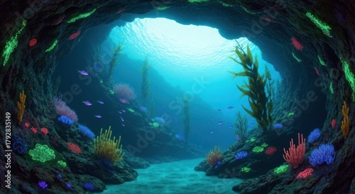 Fototapeta Naklejka Na Ścianę i Meble -  Submerged cave filled with vibrant coral reefs, kelp, and fish. Sunlight streams through the opening