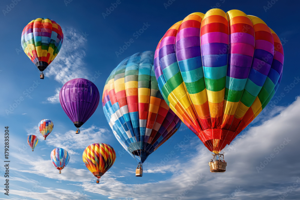 Fototapeta premium Colorful Hot Air Balloons Soaring in a Blue Sky