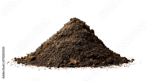 A conical pile of dark brown soil against a black background.  The soil appears dry and loose, with a slightly textured surface