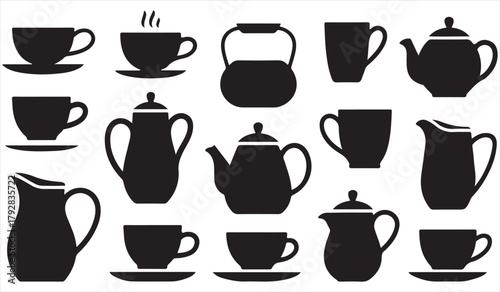 Tea and coffee pot silhouette collection with cups and mugs in vector style