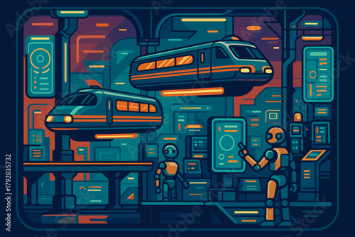 No shapes characters icon cyberpunk fusion chinese hub labels levitating vector transport