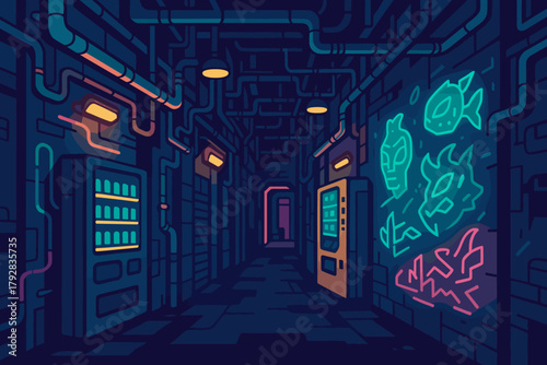 Icon cyberpunk neon any alleyway bubbles vending graffiti vector fusion machines no