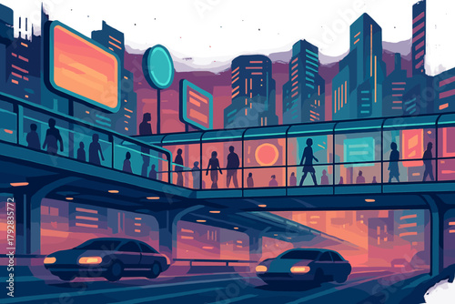 Bubbles icon chinese neon cyberpunk skyline surfaces colorful floors overpass advanced vector