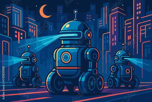 No icon vintage neon streets geometric patrol vector labels cyrillic robot surfaces