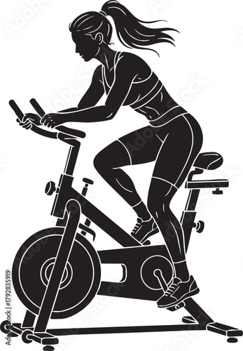 Female Silhouette Cycling on Stationary Bike – Fitness Vector Illustration
