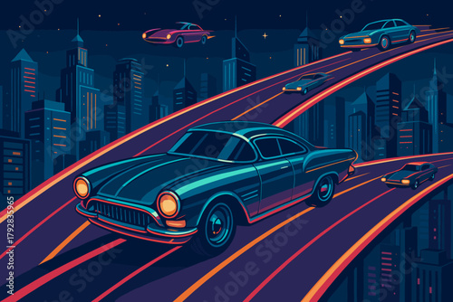 No any labels car futuristic city icon vector characters colors flying smoothly