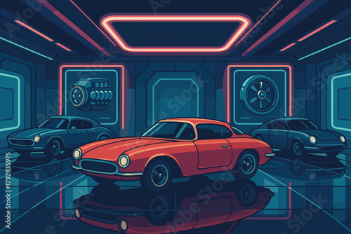 Art vector reflective hovercar characters futuristic icon no advanced showcase style labels