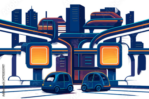 No futuristic vector typography transport hub advanced shapes fusion characters connecting icon