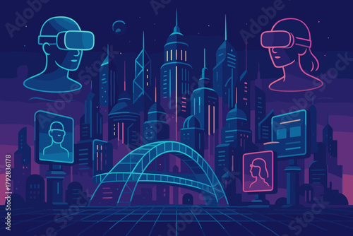 Futuristic colors cityscape no icon advanced vr vector floating characters letters technology