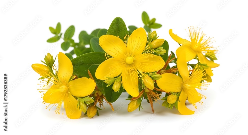 Fototapeta premium Bright yellow st johns wort flowers and green leaves