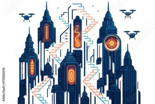 Neon shapes any connecting chrome chinese icon no energy skyline vector futuristic