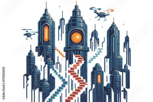 Aesthetics neon vector no icon characters futuristic stacked style floors fusion skyline