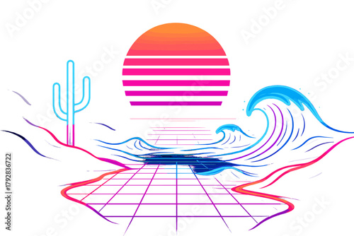 Landscapes synthwave coastal illustration no text vintage icon aesthetics neon vector clean
