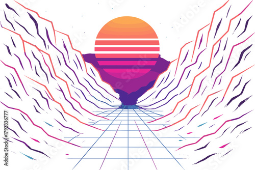 Vector chinese synthwave no glowing icon pass any mountain scattered advanced typography