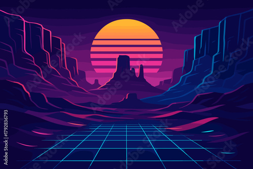 Vintage advanced dreamscape vector icon negative no canyon neon glowing cliffs shapes