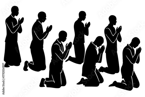 Praying Muslim Silhouette Vector – Man in Salah Pose, Islamic Worship Illustration Isolated on White