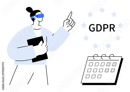 Woman holding a document and pointing toward GDPR stars, emphasizing compliance. Calendar shows highlighted dates. Ideal for privacy policies, data protection, deadlines, legal processes
