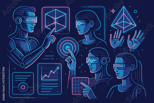 Cybernetic text interaction icon pointing shapes technology aesthetics clean vector hologram colors