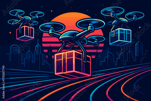 Cargo cyrillic icon numbers highways drones vintage neon futuristic no vector characters