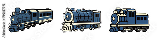 Collection of three blue vintage steam train illustrations in flat line style, emphasizing classic locomotion, rail travel, history, and heavy machinery transport concepts