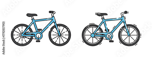 Pair of light blue bicycle illustrations in flat line style, representing cycling, healthy lifestyle, eco-friendly transportation, fitness, and outdoor recreation