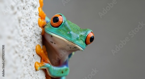 Close up of a vibrant red eyed tree frog on a textured surface