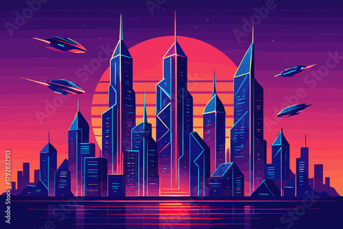 Sunset neon fusion cyrillic lights icon cityscape no shapes vector captions futuristic
