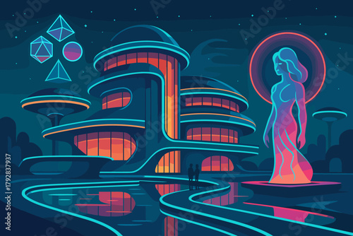 No futuristic neon vector numbers characters shapes oasis style icon typography floating