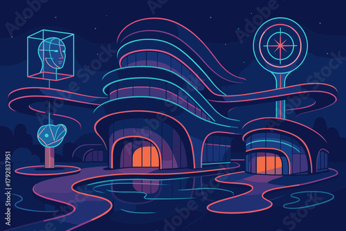 Negative style icon chrome text neon futuristic oasis vector labels pools installations