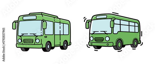 Set of two green urban public transport buses in flat line style, emphasizing city commutation, transit service, movement, and eco-friendly travel options