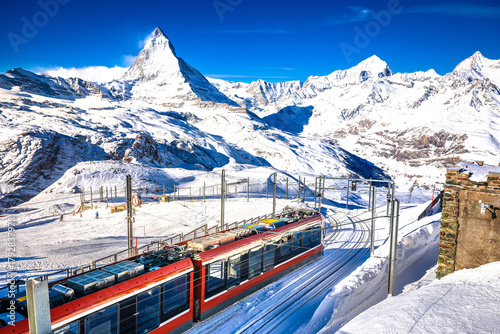 Gorngerat cogwheel railway station and Matterhorn peak in Zermatt ski area view