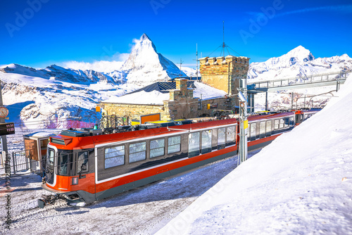 Gorngerat cogwheel railway station and Matterhorn peak in Zermatt ski area view