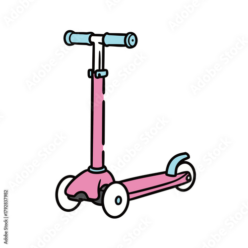 Isolated illustration of a pink three-wheeled scooter in flat line style, representing children's toys, urban mobility, outdoor play, and leisure activities
