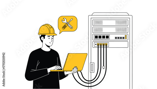 IT Technician Performing Server Maintenance: Engineer with Laptop and Hard Hat, Network Administration Vector Illustration 